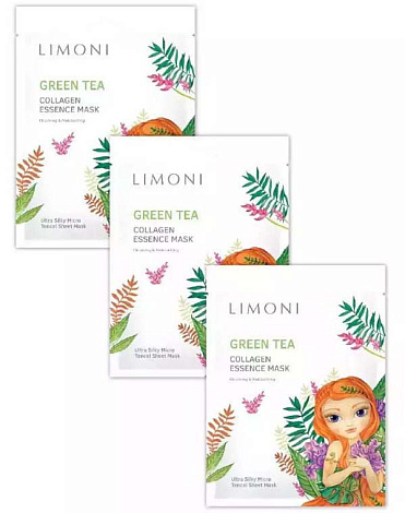 Набор масок для лица тонизирующих с зеленым чаем и коллагеном Green Tea Collagen Essence 3шт LIMONI 1