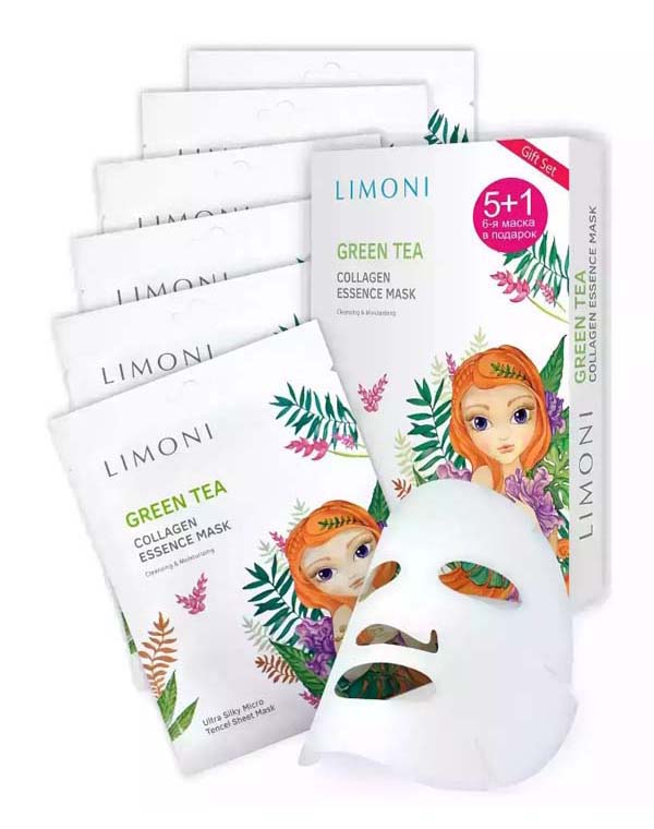 Набор масок для лица тонизирующих с зеленым чаем и коллагеном 6шт Green Tea Collagen Set LIMONI