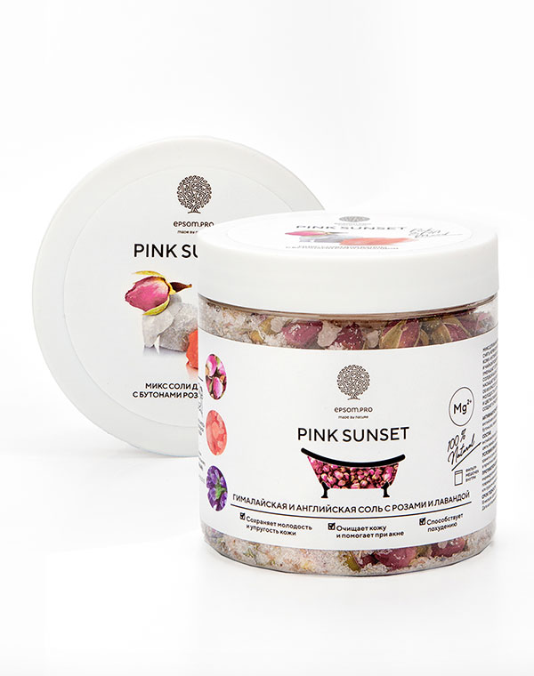 Микс для ванной с цветками лаванды и чайной розы «PINK SUNSET» 480 г (в банке) Epsom.pro