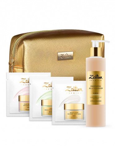 Набор с золотой косметичкой Premium Holiday Set: гель для умывания, маски для лица Zeitun 1