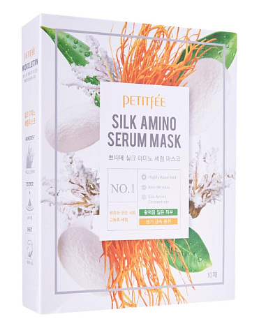 Набор тканевые маски для лица с Протеинами Шелка Silk Amino Serum mask, Petitfee, 10 шт 1