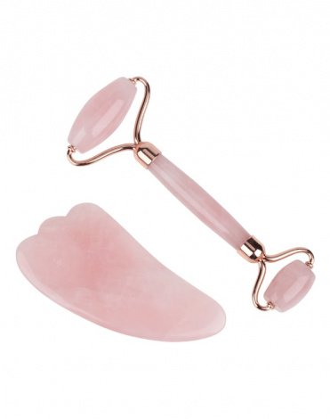 Набор: роллер-массажер для лица + кристалл для массажа Гуаша из натурального розового кварца, тип 2, Beauty Style 1