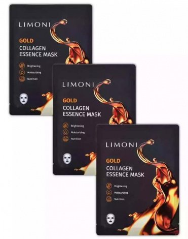 Набор масок для лица восстанавливающих с коллоидным золотом и коллагеном Gold Collagen Essense Mask 3шт LIMONI 1