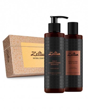 Подарочный набор для мужчин"Экспресс уход":укрепляющий шампунь,освежающий гель-скраб для душа Zeitun 1
