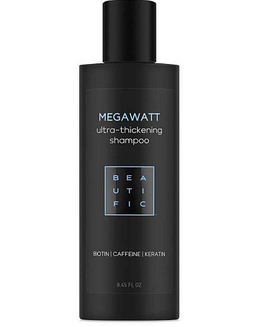 Шампунь для ультра-объема и густоты волос с биотином, кофеином и кератином Megawatt Beautific 1